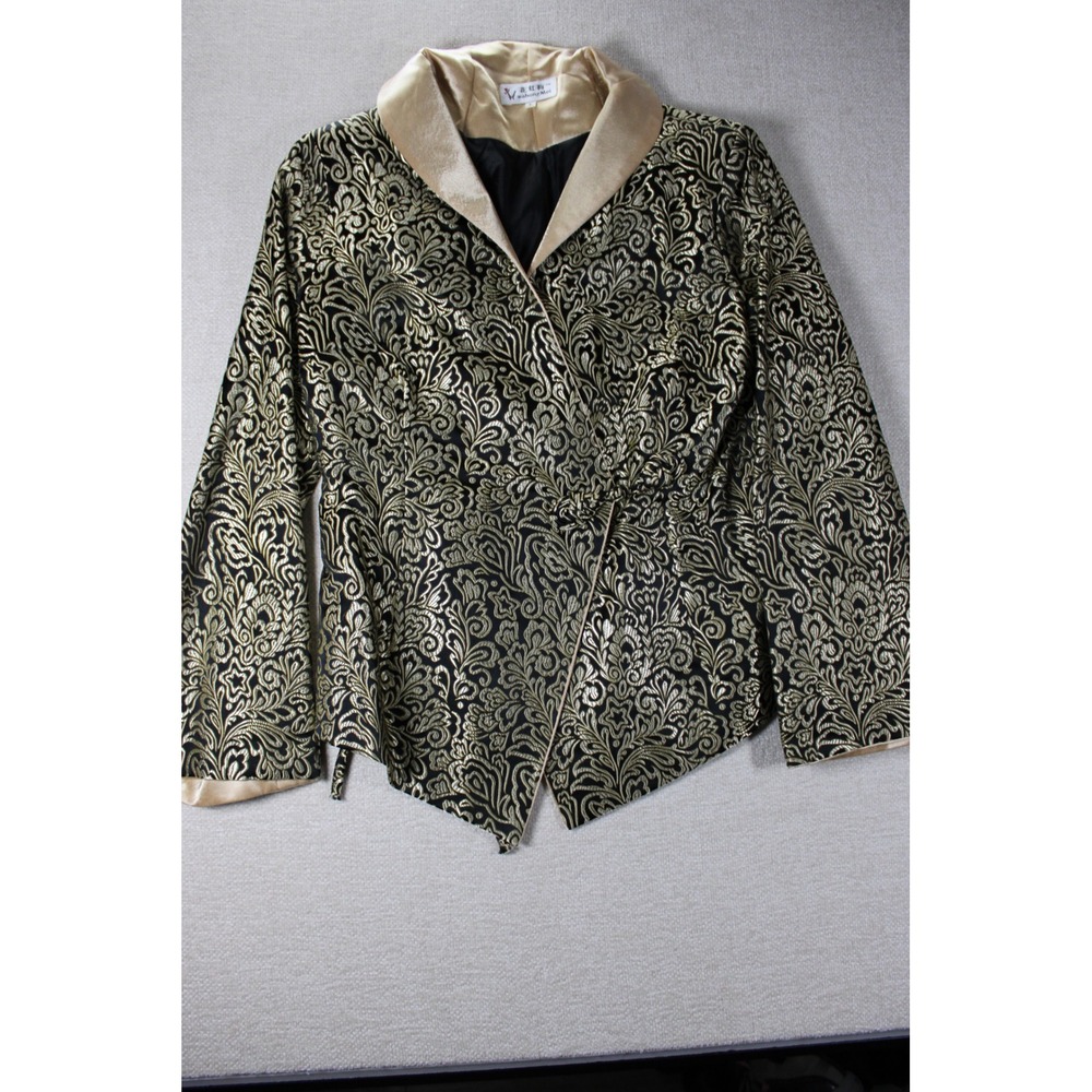 Hua Hong Mei Gold Black Brocade Floral Jacket Shawl Collar Frog Button L WC0068